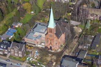 Aerial view, Evang. Auferstehungskirche, construction site, new community centre, Osterfeld,