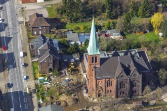 Aerial view, Evang. Auferstehungskirche, construction site, new community centre, Osterfeld,