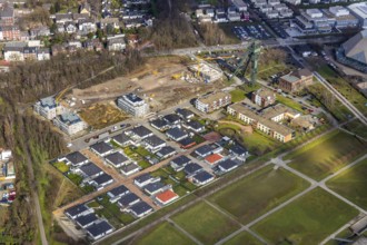 Aerial view, winding tower Osterfeld colliery pit Â½, new residential complex for senior citizens,