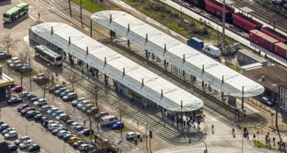 Aerial view, Oberhausen-Sterkrade railway station, public transport, bus stop, bus stop canopy,