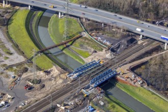Aerial view, new construction, insertion railway bridge over the Emscher, motorway A42, Sterkrade,