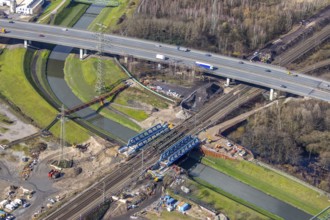 Aerial view, new construction, insertion railway bridge over the Emscher, motorway A42, Sterkrade,