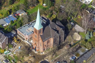 Aerial view, Evang. Auferstehungskirche, construction site, new community centre, Osterfeld,