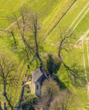 Aerial view, small chapel on the heritage-protected Broich farm, Sundern, Sauerland, North