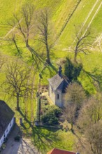 Aerial view, small chapel on the heritage-protected Broich farm, Sundern, Sauerland, North