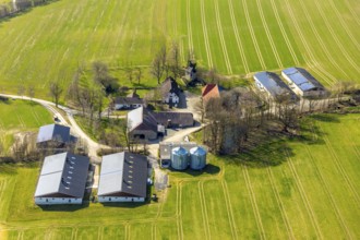Aerial view, heritage-protected farm Broich, small chapel, Sundern, Sauerland, North