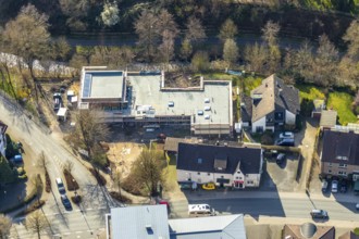 Aerial view, new building community centre Eveangelische Kirchengemeinde Sundern, grounds of the
