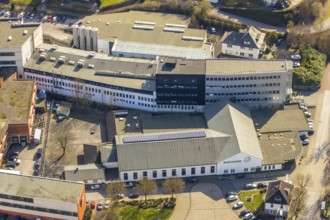 Aerial photo, St. Hubertus shooting hall, SKS Metaplst Scheffer-Klute GmbH, Sundern, Sauerland,