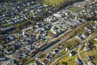 Aerial view, Sundern railway station, railway tracks, new construction integrative housing project