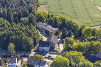 Aerial view, half-timbered house Wittener Straße 189, Hiddinghausen, Sprockhövel, Ruhr area, North