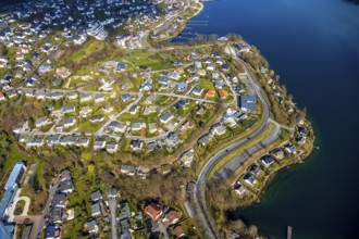 Aerial view, overview Langscheid, Sorpe shore, Sorpe lake, Langscheid, Sundern, Sauerland, North