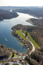Aerial view, Sorpesee, Sorpe shore, camping at Sorpesee, campsite, Langscheid, Sundern, Sauerland,