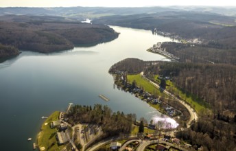 Aerial view, Sorpesee, Sorpe shore, camping at Sorpesee, campsite, Langscheid, Sundern, Sauerland,