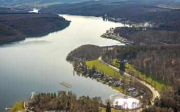 Aerial view, Sorpesee, Sorpe shore, camping at Sorpesee, campsite, Langscheid, Sundern, Sauerland,