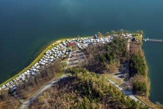 Aerial view, Sorpesee, Sorpe shore, camping at Sorpesee, campsite, Langscheid, Sundern, Sauerland,