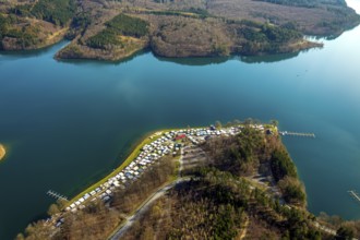 Aerial view, Sorpesee, Sorpe shore, camping at Sorpesee, campsite, Langscheid, Sundern, Sauerland,