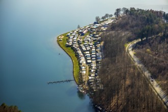 Aerial view, Sorpesee, Sorpe shore, camping at Sorpesee, campsite, Langscheid, Sundern, Sauerland,