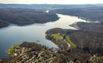 Aerial view, Sorpesee, Sorpe shore, camping at Sorpesee, campsite, Langscheid, Sundern, Sauerland,
