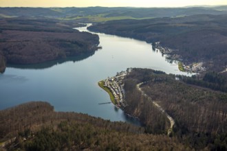 Aerial view, Sorpesee, Sorpe shore, camping at Sorpesee, campsite, Langscheid, Sundern, Sauerland,