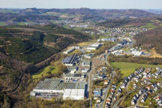 Aerial view, industrial estate Hüstener Straße, Sundern, Sauerland, North Rhine-Westphalia,