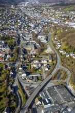 Aerial view, town centre Sundern, main street, Sundern, Sauerland, North Rhine-Westphalia, Germany,