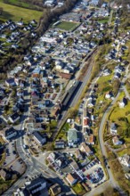 Aerial view, Sundern railway station, railway tracks, new construction integrative housing project