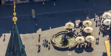 Aerial view, town hall fountain, town hall square, Paderborn, East Westphalia-Lippe, OWL, North