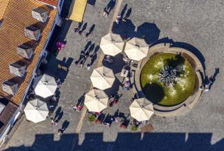 Aerial view, town hall fountain, town hall square, Paderborn, East Westphalia-Lippe, OWL, North