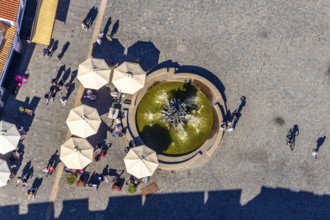 Aerial view, town hall fountain, town hall square, Paderborn, East Westphalia-Lippe, OWL, North