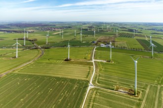 Aerial view, wind turbines on the B55 federal road, Warstein, North Rhine-Westphalia, Germany