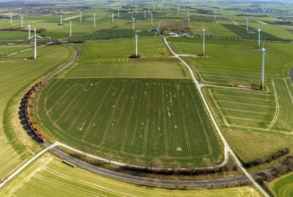 Aerial view, wind turbines on the B55 federal road, train on railway line, Warstein, North