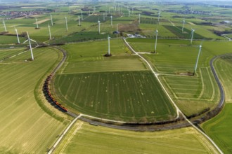 Aerial view, wind turbines on the B55 federal road, train on railway line, Warstein, North