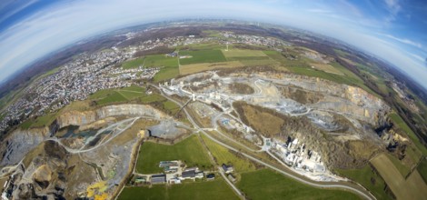 Aerial view, quarries in Warstein, fisheye, fisheye image, Warstein, North Rhine-Westphalia,