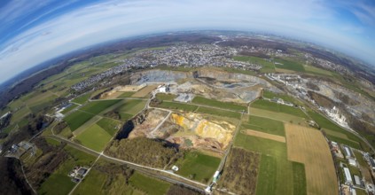 Aerial view, quarries in Warstein, fisheye, fisheye image, Warstein, North Rhine-Westphalia,
