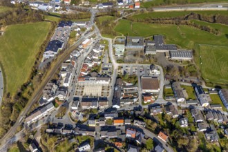 Aerial view, Wilkeplatz, shopping centre, secondary school Warstein, district Belecke, Warstein,