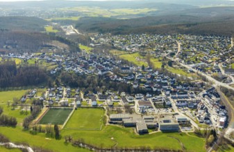 Aerial view, view of Belecke, Warstein secondary school, Möhnetal sports centre, Warstein, North