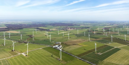 Aerial view, wind turbines on the B55 federal road, Warstein, North Rhine-Westphalia, Germany