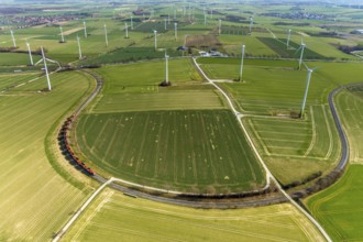 Aerial view, wind turbines on the B55 federal road, train on railway line, Warstein, North