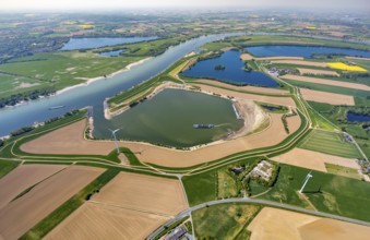Aerial view, river Rhine, excavation lakes Bislicher Ley, Roosenhofsee, Grindsee, wind turbines,