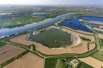 Aerial view, river Rhine, excavation lakes Bislicher Ley, Roosenhofsee, Grindsee, wind turbines,