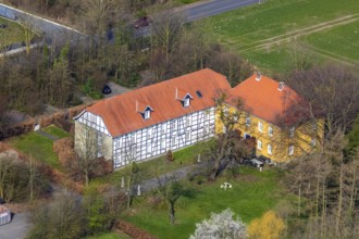 Aerial view, Haus Hilbeck, manor house, former moated castle, Werl, North Rhine-Westphalia, Germany