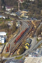 Aerial view, Warstein goods station, LWL boiler house with chimney, Warstein, North