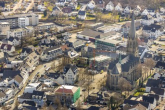 Aerial view, St. Pankratius Catholic parish church, Warstein town hall, building site for town hall