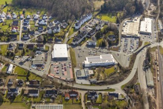 Aerial view, shopping centre, Aldi. Lidl, Edeka, Alte Kreisstraße, Warstein, North