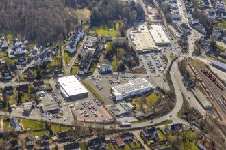 Aerial view, shopping centre, Aldi. Lidl, Edeka, Alte Kreisstraße, Warstein, North