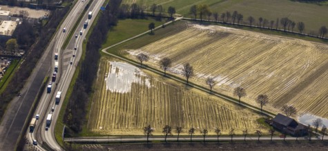 Aerial photograph, flooded meadow area, arable land, near Hammer Straße industrial estate, Werl,
