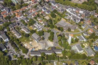 Aerial view, construction site of Walburgisschule primary school, Protestant St Paul's Church,