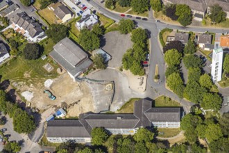 Aerial view, construction site of Walburgis primary school, Protestant St Paul's Church, Werl,