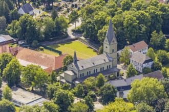 Aerial view, St Cecilia's Catholic Church, Catholic public library, cemetery, Westönnen, Werl,
