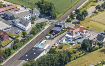 Aerial view, Westönnen railway station, railway line, Westönnen, Werl, Soester Börde, North